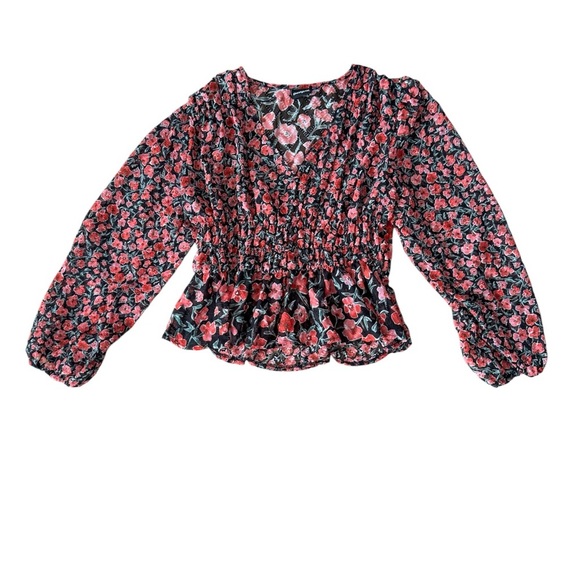 Desigual Medium Floral Plumetis Blouse Red Ruffle Feminine Peplum - Picture 2 of 8
